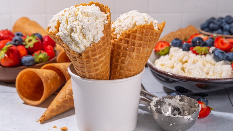 cottage cheese ice cream in waffle cones