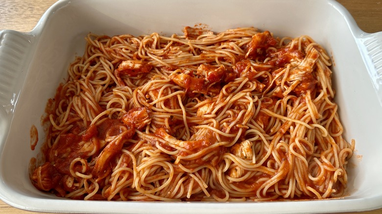 spaghetti casserole in pan