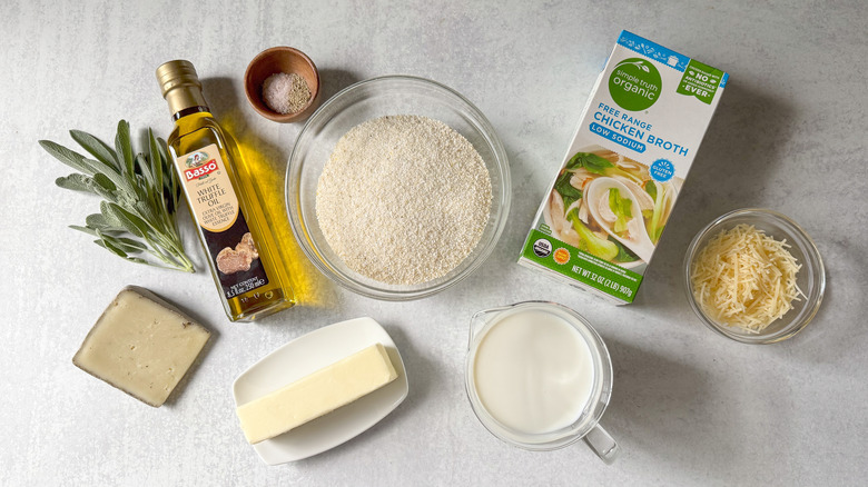 Cheesy truffled grit cakes ingredients on countertop