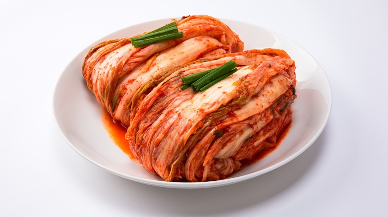 kimchi on white plate and white background