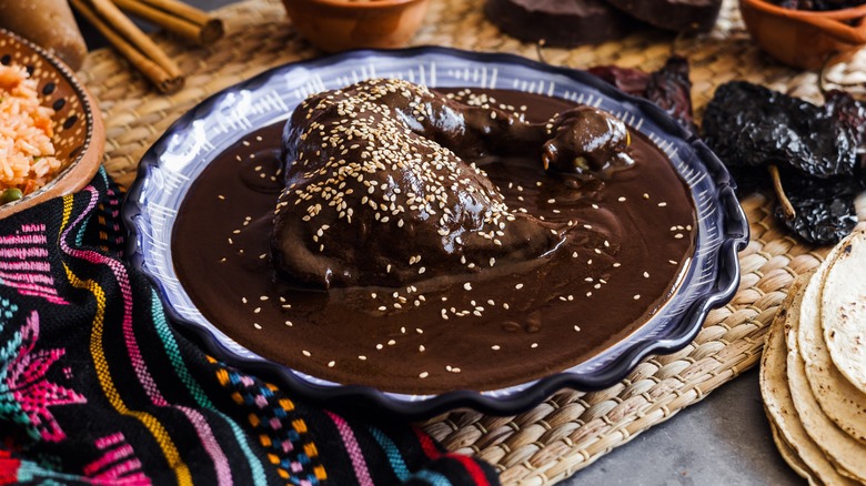 a plate of chicken in mole sauce