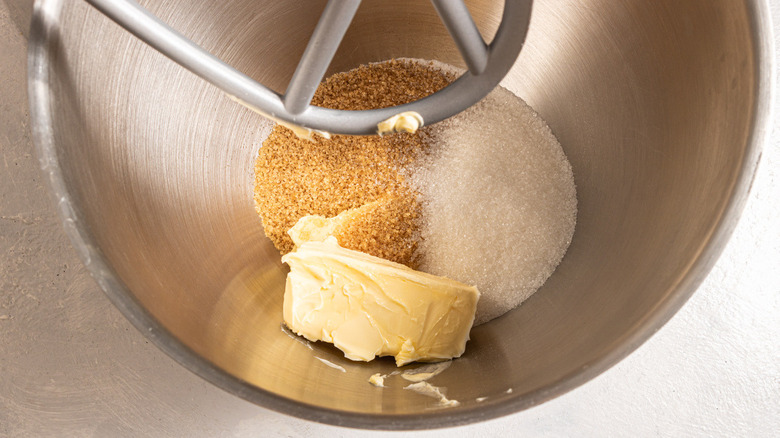 butter and sugars in mixer