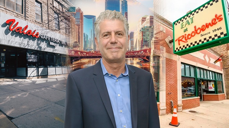 Anthony Bourdain in front of a montage of his favorite Chicago restaurants