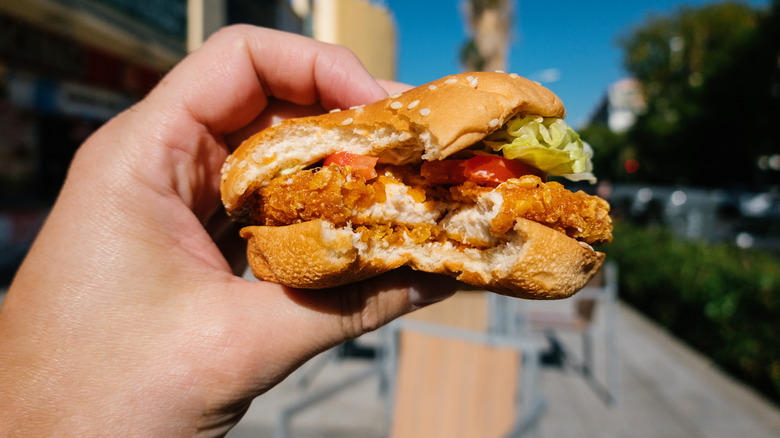 Hand holding a chicken burger