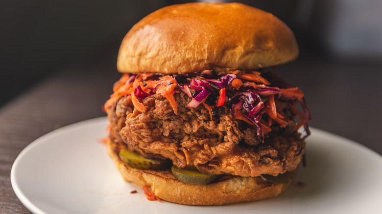 Close-up of a Nashville hot chicken sandwich