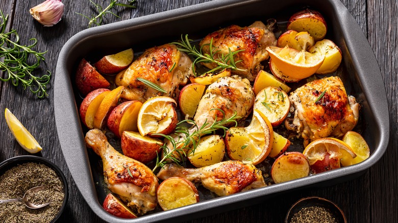 Roasted chicken and potatoes in a sheet pan