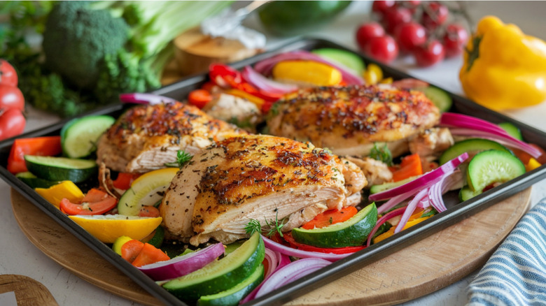 Roasted chicken and vegetables on sheet pan