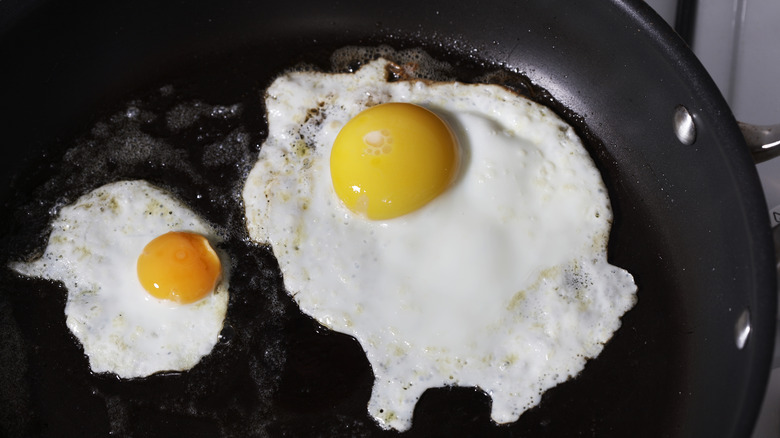 Differently sized eggs in frying pan