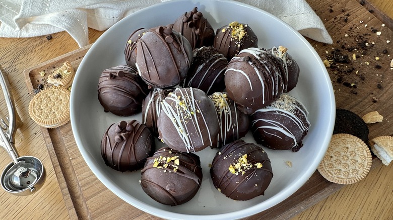 chocolate covered ice cream balls in bowl