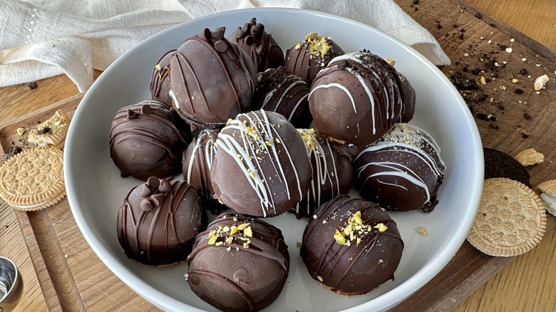 chocolate covered ice cream balls in bowl