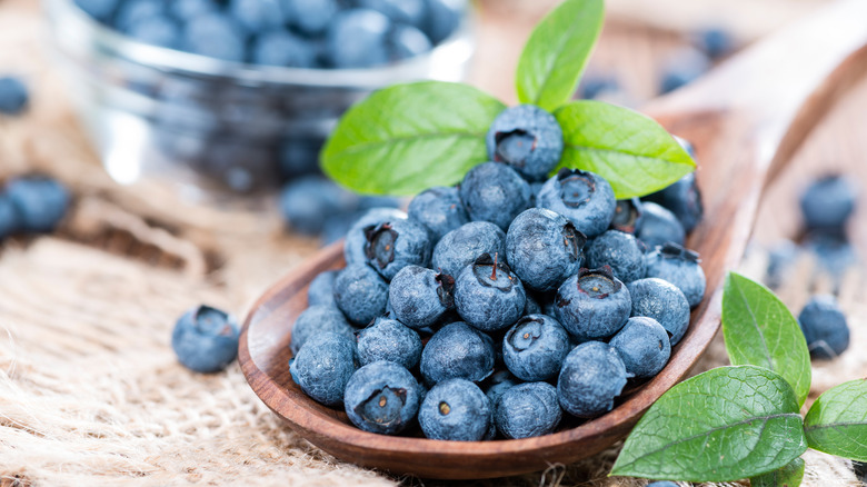 Blueberries on wooden spoon