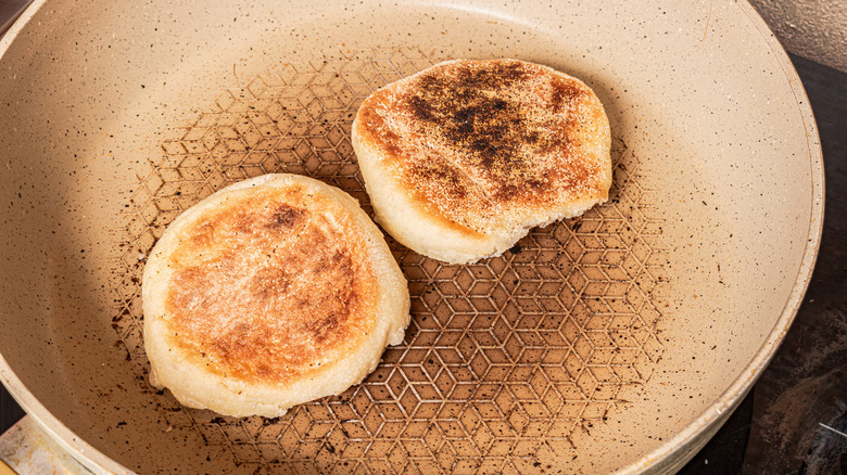 English muffin in frying pan