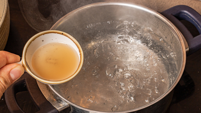 hand holding liquid over pot