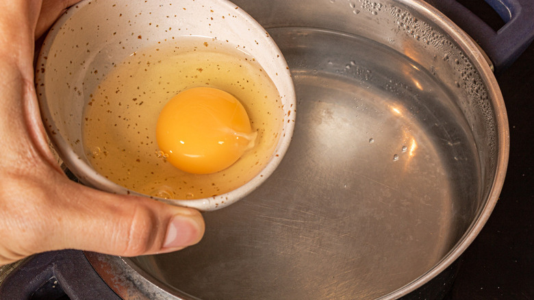 hand holding egg over pot