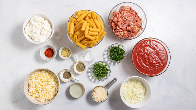 Ingredients for cheesy baked ziti recipe