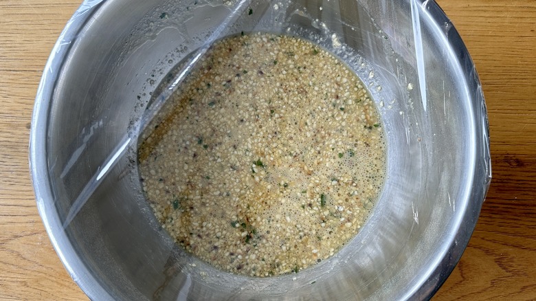 Matzo ball batter in covered bowl