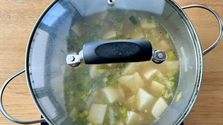 Potato leek soup in covered pot