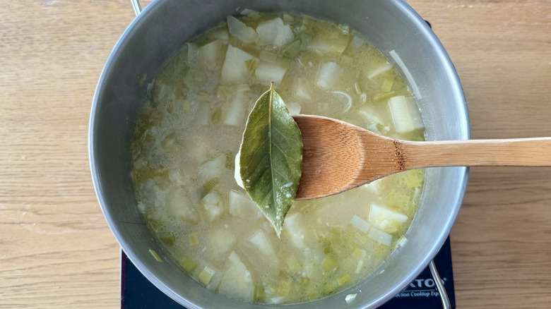 Bay leaf from pot of soup