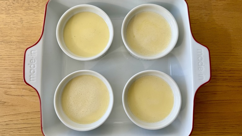 Crème brûlée before baking in ramekins