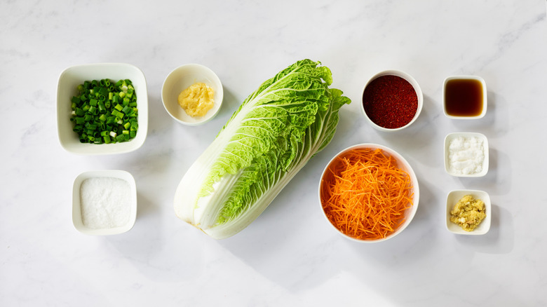 ingredients for kimchi on marble countertop
