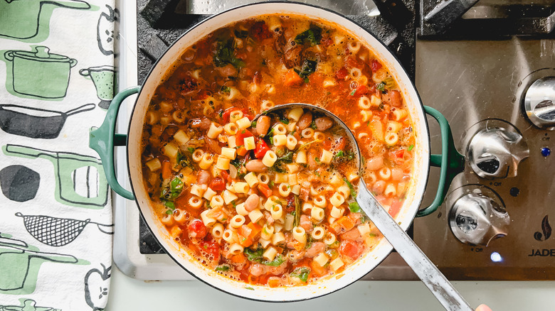 Classic pasta e fagioli in soup pot on stove