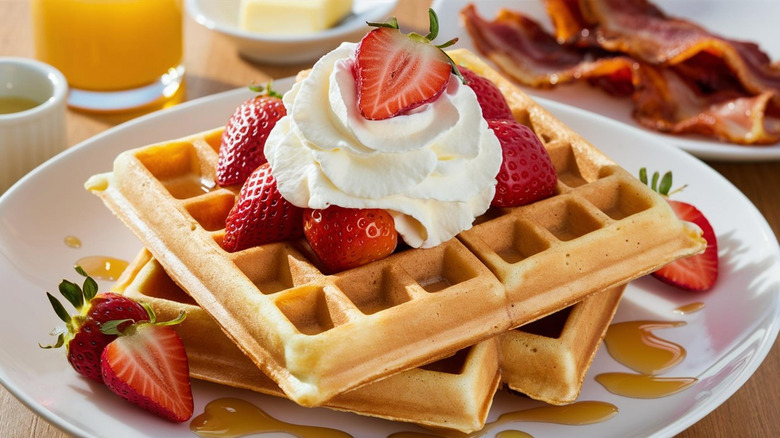 Waffles topped with fresh strawberries and whipped cream