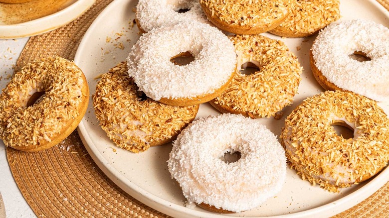Coconut baked donuts on a plater