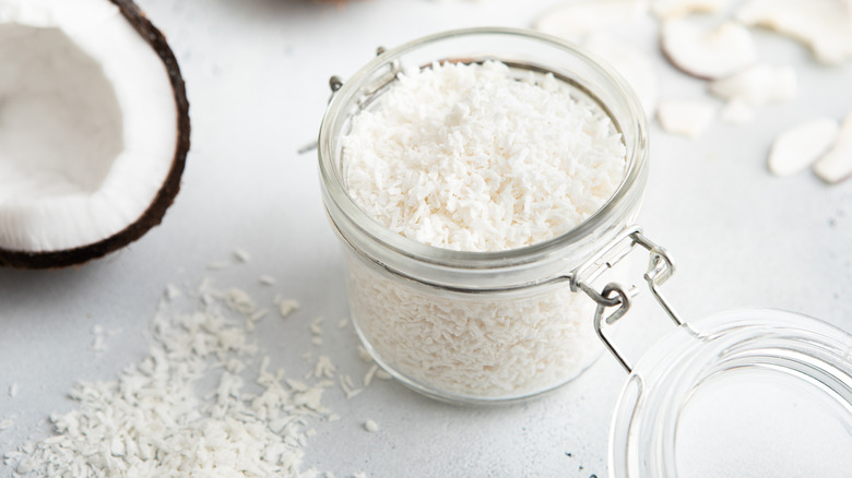 Shredded coconut in glass canning jar