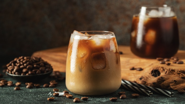 iced coffee and coffee beans