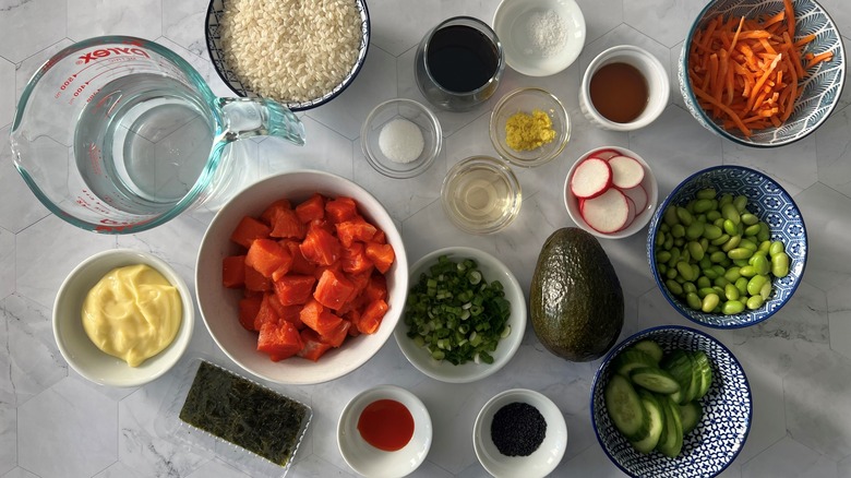 ingredients for salmon poke bowl