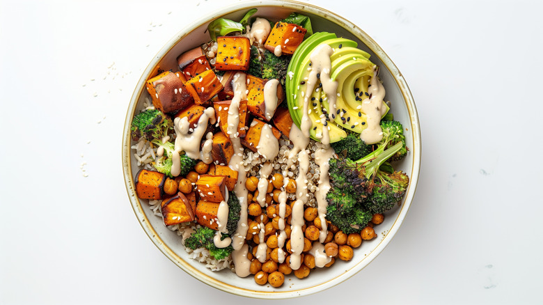 Rice bowl with tahini drizzle