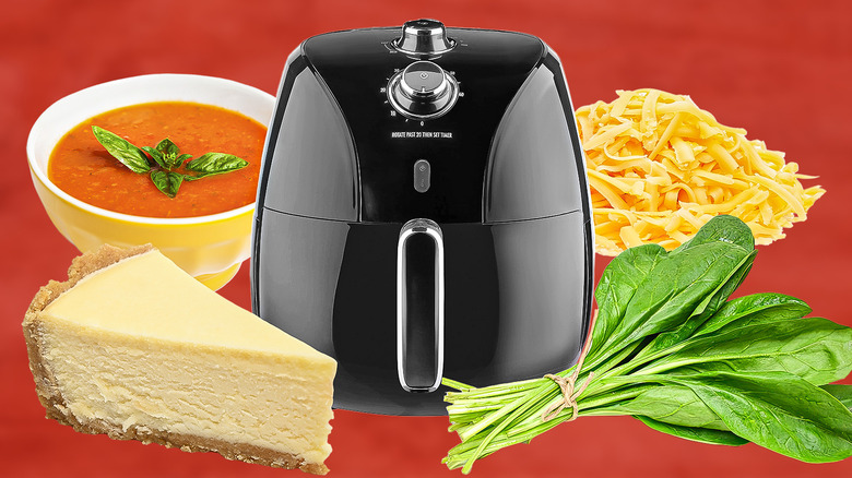 air fryer surrounded by food