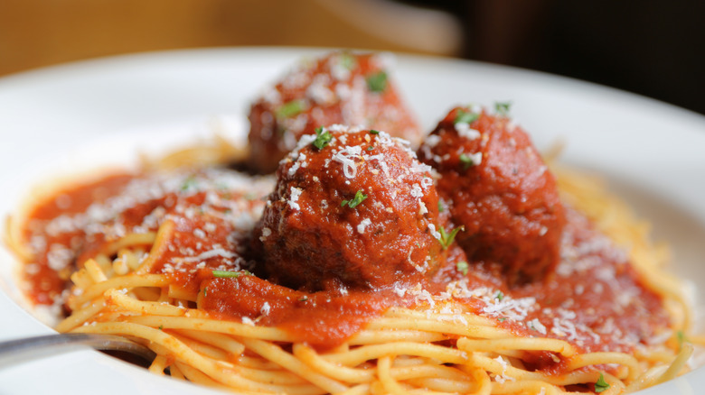 Spaghetti and meatballs on plate