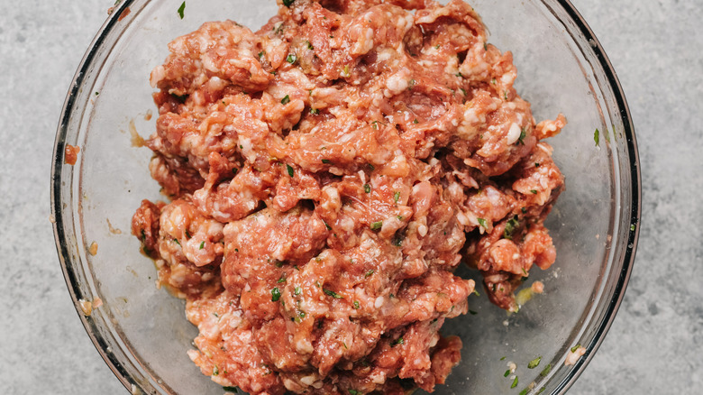 Ground meat seasoned in bowl