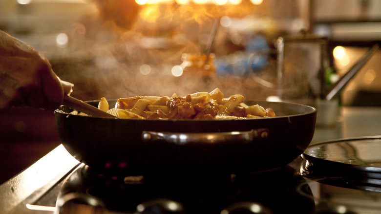 Skillet of pasta and sauce