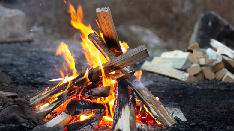 A teepee-shaped fire