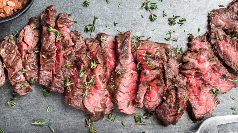 Sliced rare skirt steak