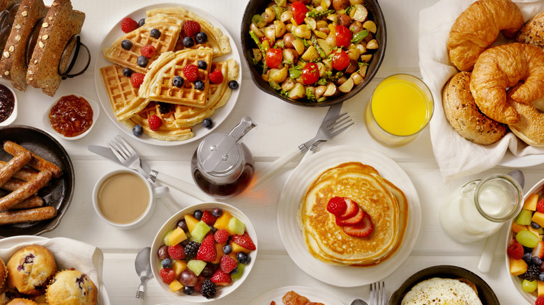 waffles and pancakes with breakfast spread