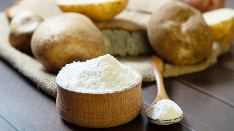 A bowl of potato starch is surrounded by potatoes.