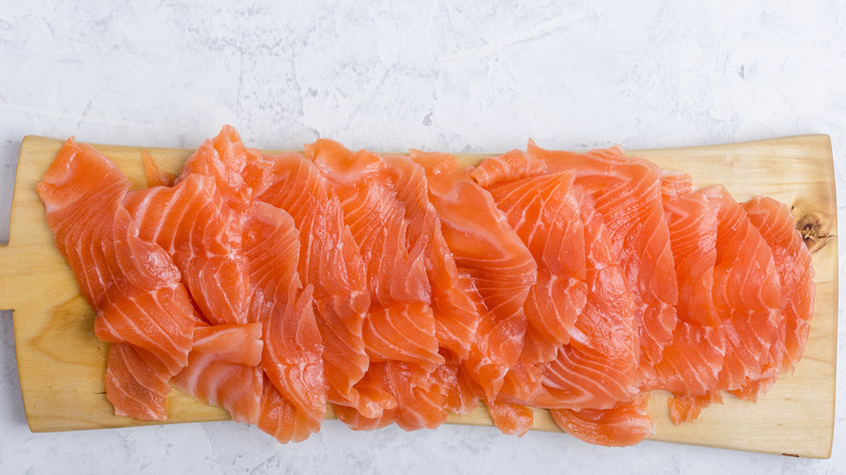 Smoked salmon on a cutting board