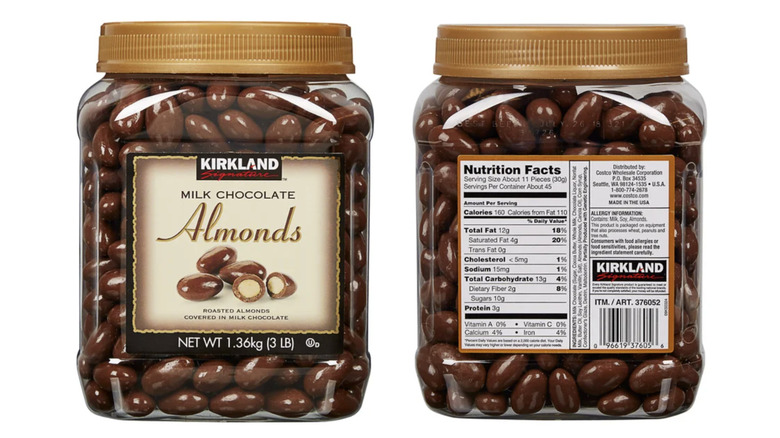 Chocolate-covered almonds in jar