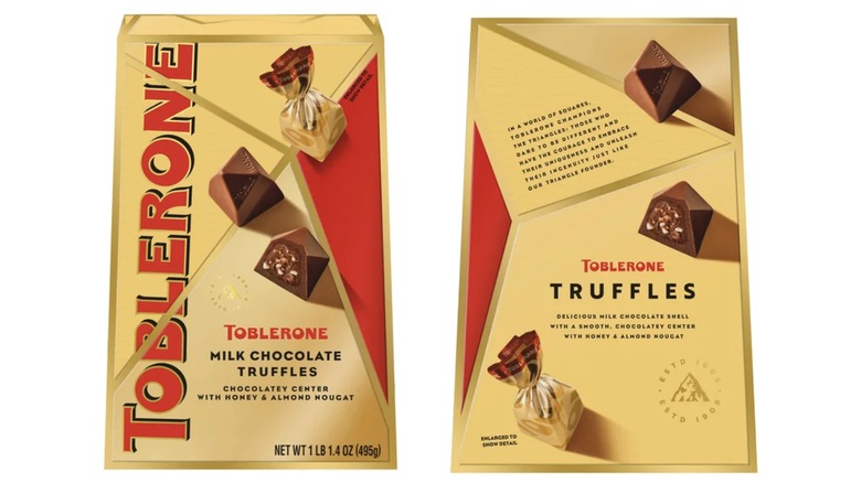 Front and back of gold box of Toblerone mini milk chocolate truffles