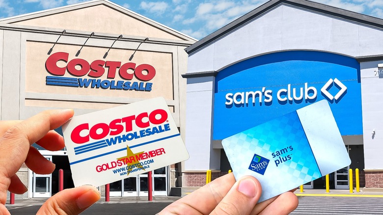 Side-by-side images of Costco and Sam's Club warehouses and membership cards