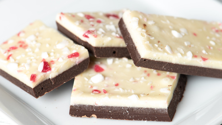 Peppermint bark on a white plate