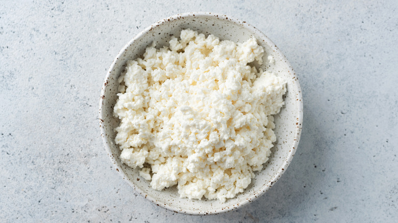 Cottage cheese in speckled ceramic bowl