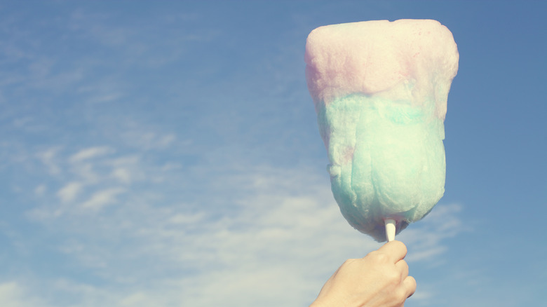 pink and blue cotton candy held up to the sky