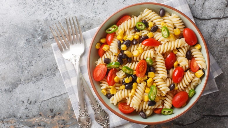 a bowl of pasta salad