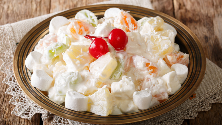 A bowl of creamy ambrosia salad.