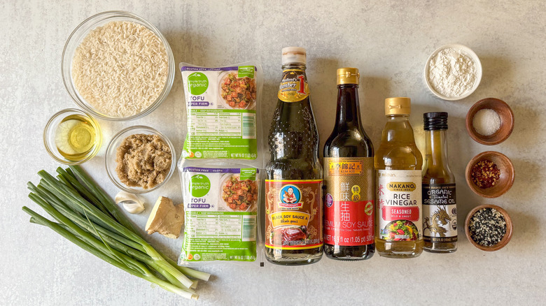 Crispy and sticky baked sesame tofu ingredients on countertop