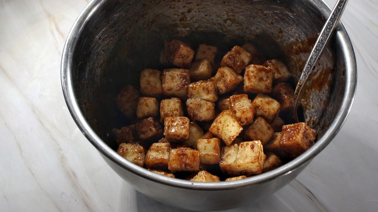 bowl of glazed fried tofu